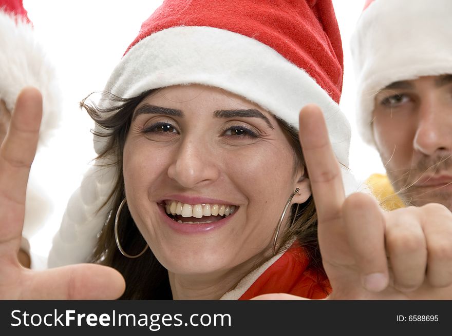 Young smiling lady and man with white background