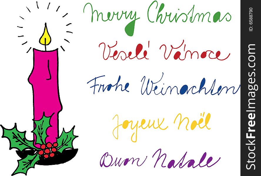 Christmas candle and merry christmas in five languages. christmas theme. vector image