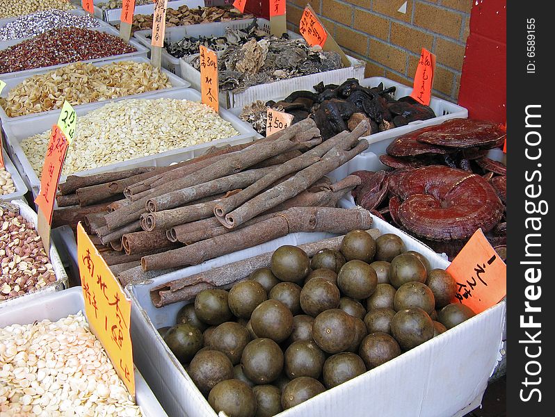 Chinatown market featuring baskets of indigenous foods. Chinatown market featuring baskets of indigenous foods