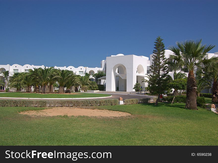 White exterior of entrance to hotel, Tunisia. White exterior of entrance to hotel, Tunisia