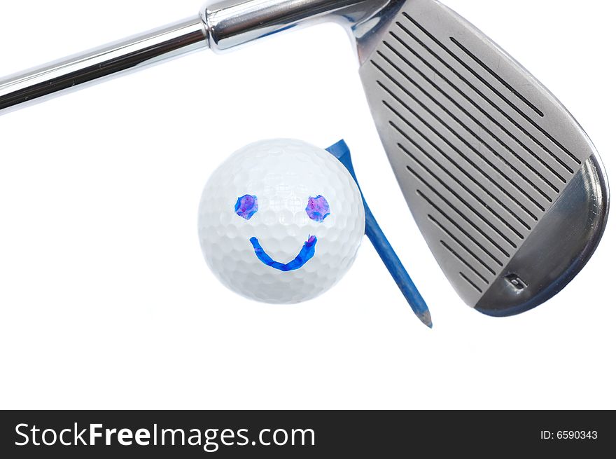 Golf ball with a happy face and iron. Golf ball with a happy face and iron