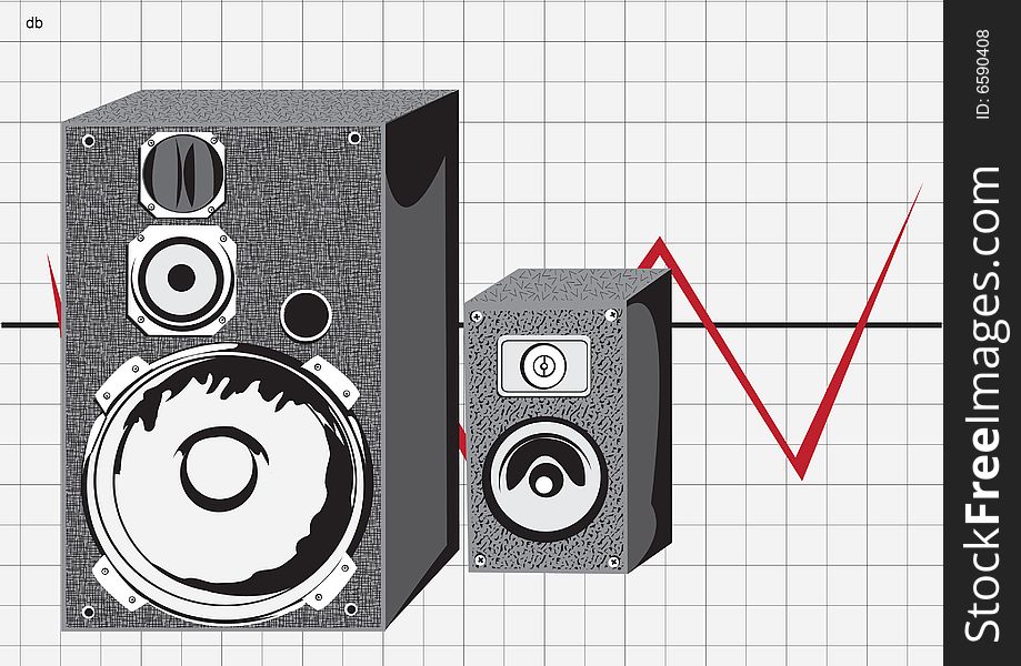 Vector illustration of two loudspeakers with little db (means decibels) on left of page, and with oscilloscope visualization on background.