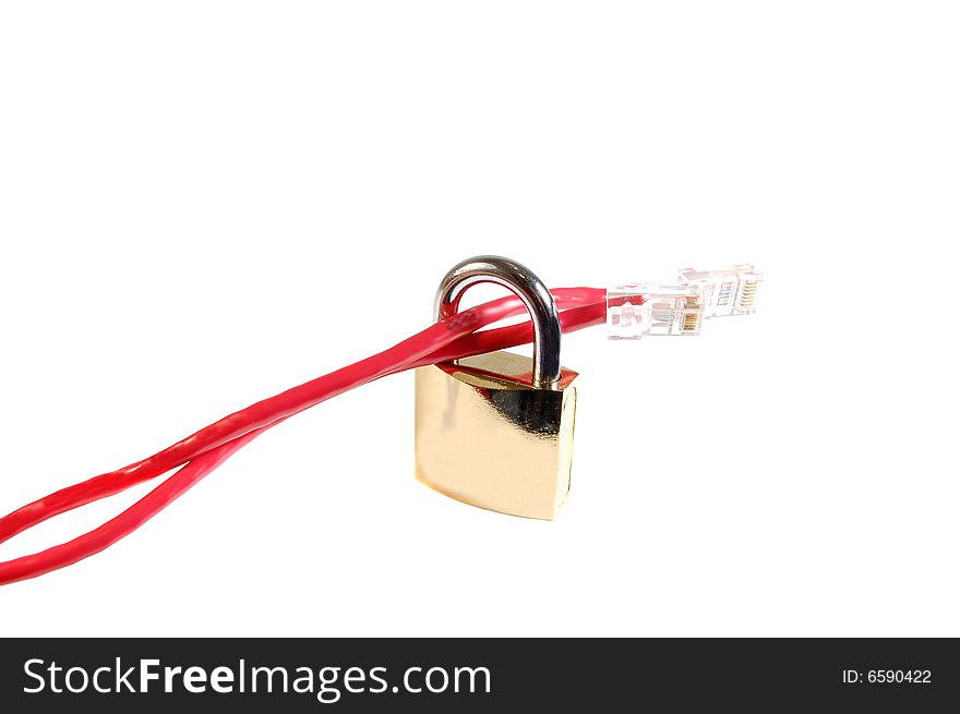 Padlock and Phone cables isolated on a white background