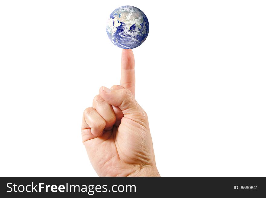 Hand isolated on white holding the earth on the tip of a finger. Hand isolated on white holding the earth on the tip of a finger