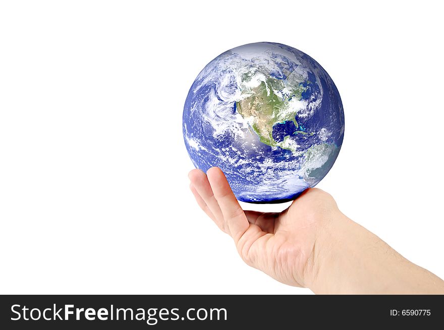 Hand holding planet earth isolated on white. Hand holding planet earth isolated on white