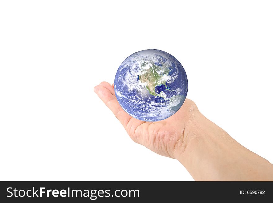 Hand holding planet earth isolated on white. Hand holding planet earth isolated on white