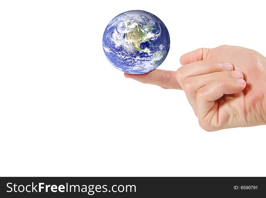 Planet earth on a finger isolated on white. Planet earth on a finger isolated on white