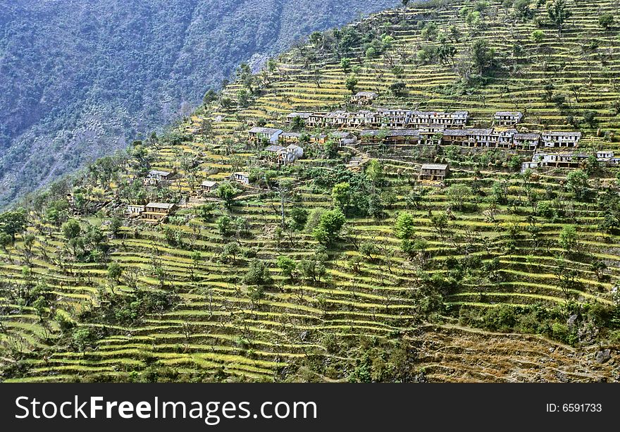 View of the high valley of Ganges river, at the foothills of the Himalayas, showing a small village and terrace cultivation. India. View of the high valley of Ganges river, at the foothills of the Himalayas, showing a small village and terrace cultivation. India.