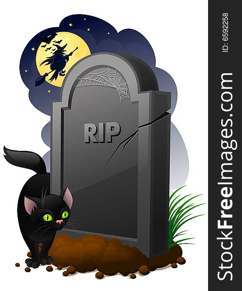 Illustration of gravestone with black cat and witch