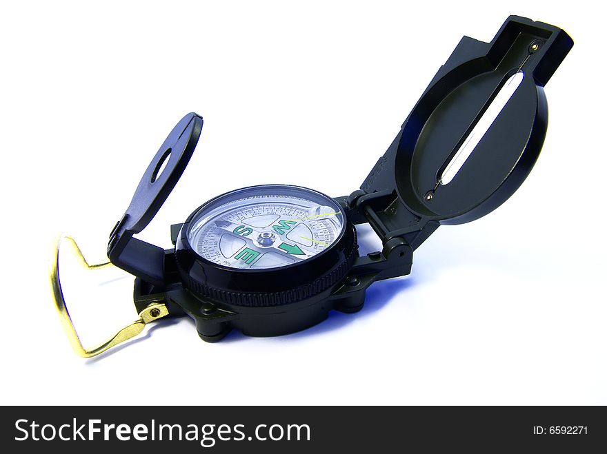Close up view of a military compass on white background. Close up view of a military compass on white background