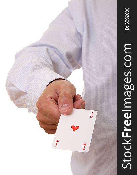 Business man holding a playing card - Heart ace. Business man holding a playing card - Heart ace