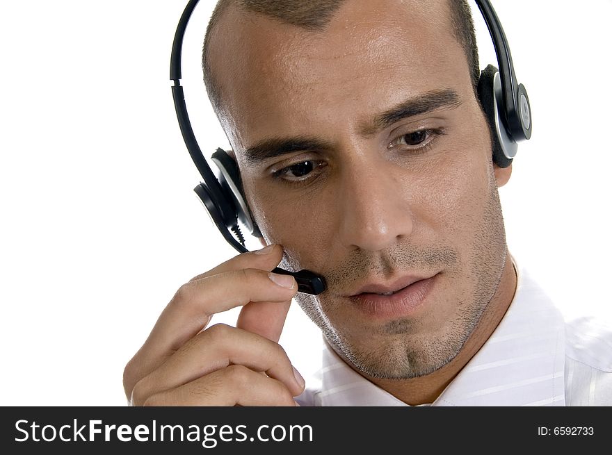 Young businessman with headphone with white background