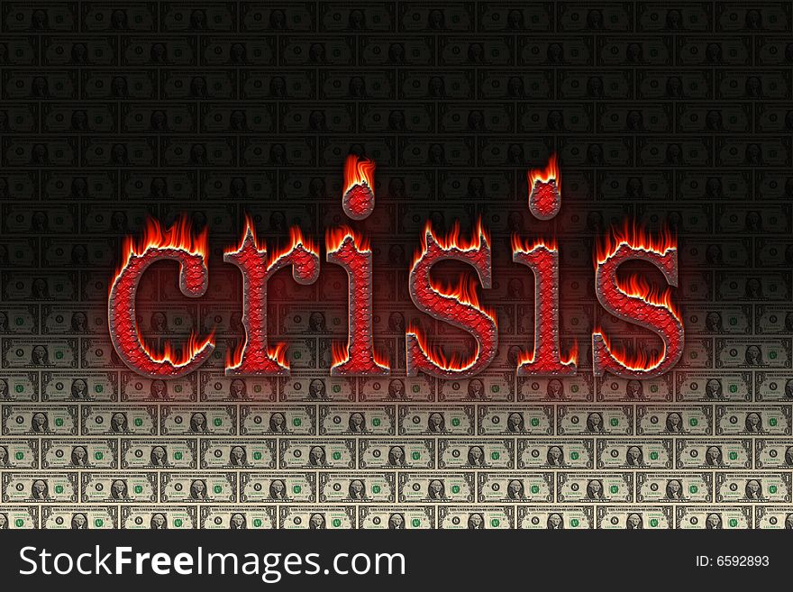 Burning ember crisis word over dollar bill background. Burning ember crisis word over dollar bill background