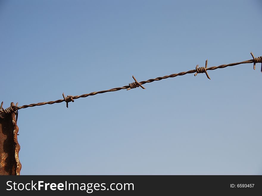 Fragment of barbed wire on blue sky background