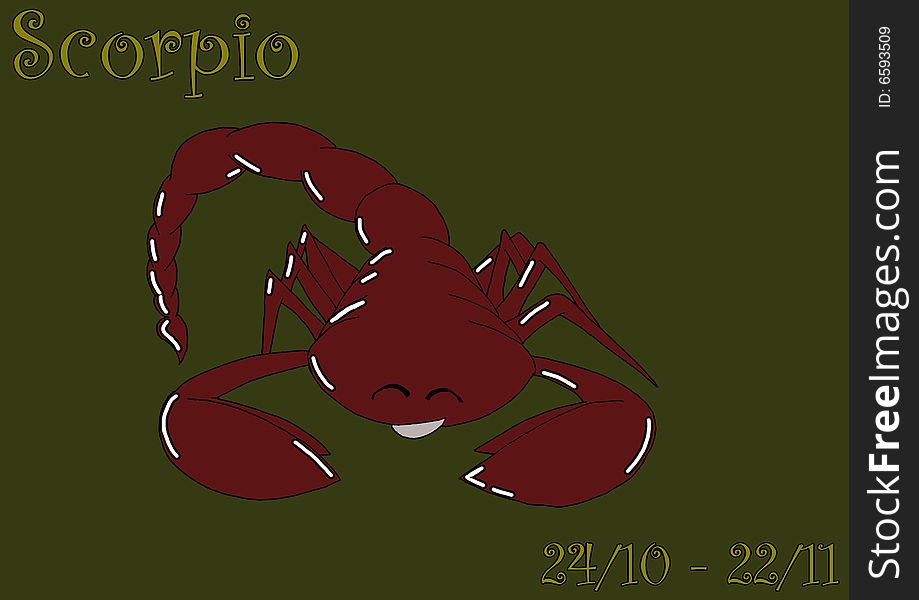 A series of illustrations that represents the zodiacal signs. this illustration represents the sign of scorpio through this happy scorpion. It's better don't disturb it, or we could have some trouble.