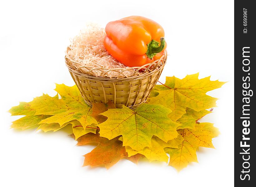 Yellow autumn leaves of maple with red sweet pepper in yellow basket on white background