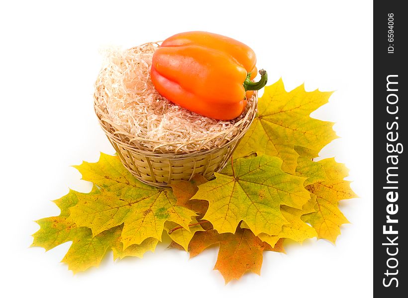 Yellow autumn leaves of maple with red sweet pepper in yellow basket on white background