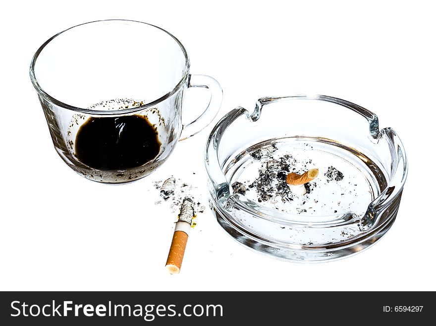 Cigarette and coffeeisolated on white background.