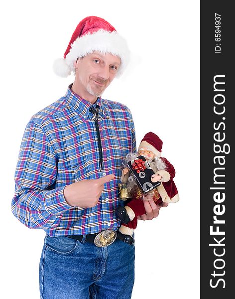 Man with Santa-hat holding a Santa doll on white background. Man with Santa-hat holding a Santa doll on white background