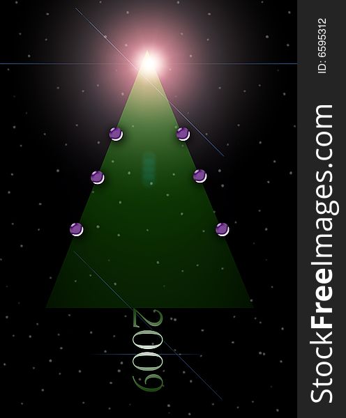 An abstract christmas tree background with purple baubles, date and snow background.