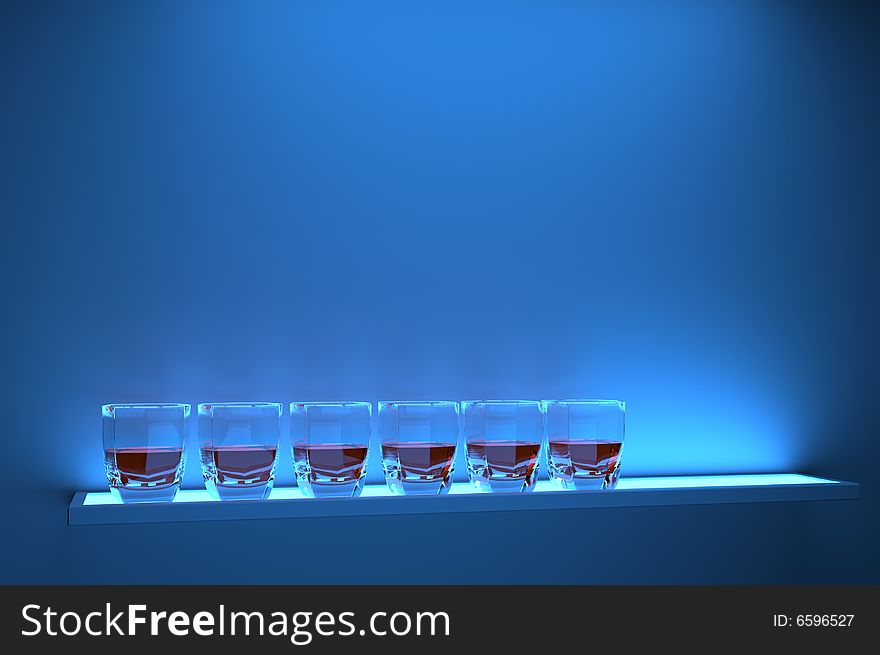 6 glasses filled with red liquid on a iluminated base. 6 glasses filled with red liquid on a iluminated base