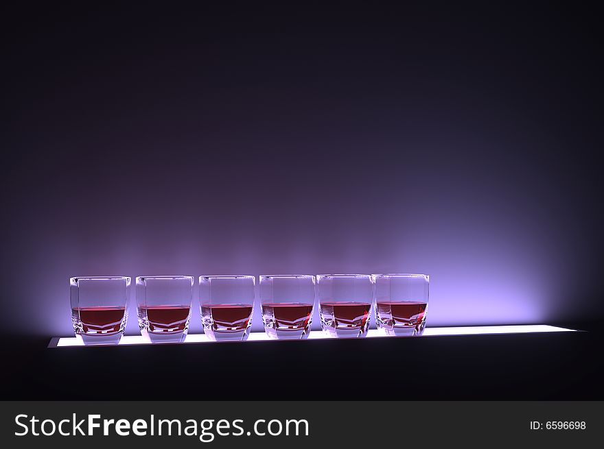 6 glasses filled with red liquid on a iluminated base with purple light. 6 glasses filled with red liquid on a iluminated base with purple light