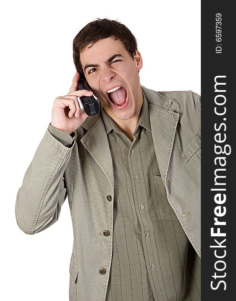 Young adult very angry, screaming on the phone. Young adult very angry, screaming on the phone