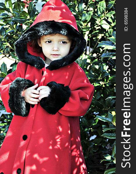 Little girl dressed in a red hooded coat. Little girl dressed in a red hooded coat.