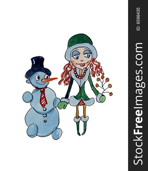 Young pretty girl and a snowman on the white background.