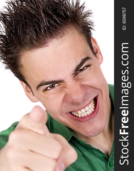 Young adult very angry pointing with forefinger