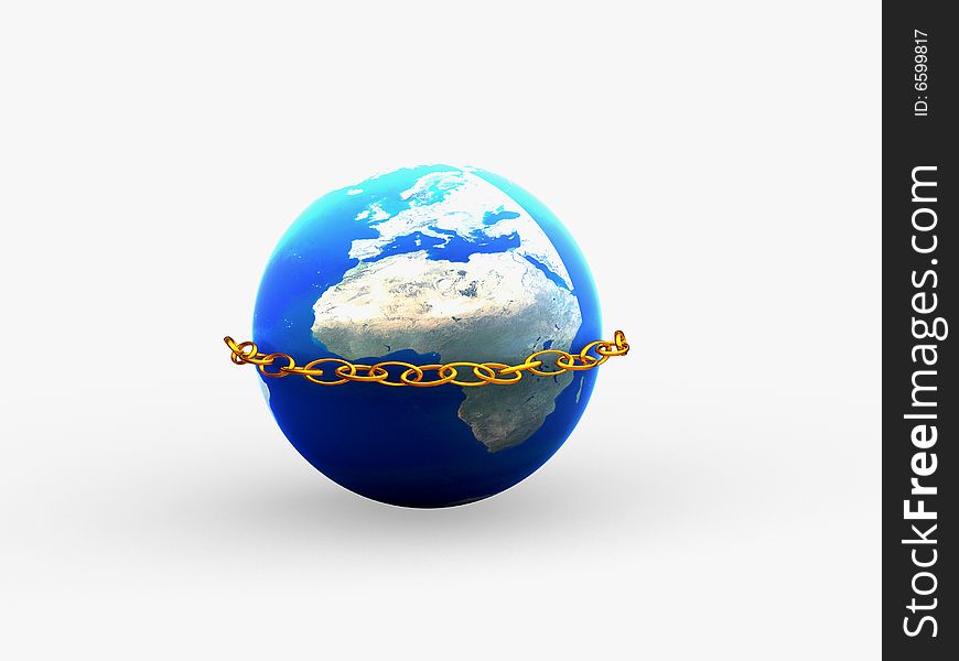 3 D the image of the Earth chained in a gold circuit. 3 D the image of the Earth chained in a gold circuit.