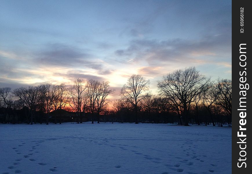 Sunset in a Park in Snow in Winter.