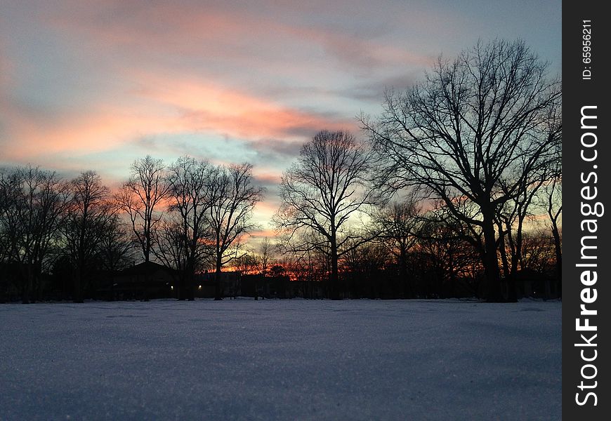 Sunset In A Park In Snow In Winter.