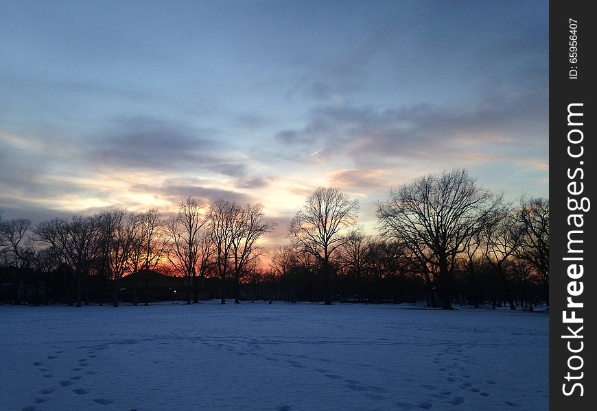 Sunset in a Park in Snow in Winter.