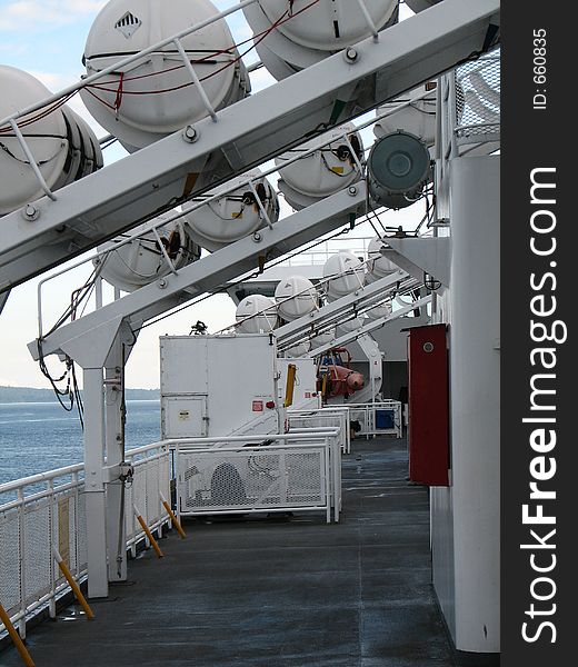 Life Rafts and emergenct chutes on the deck of a ferry. Life Rafts and emergenct chutes on the deck of a ferry
