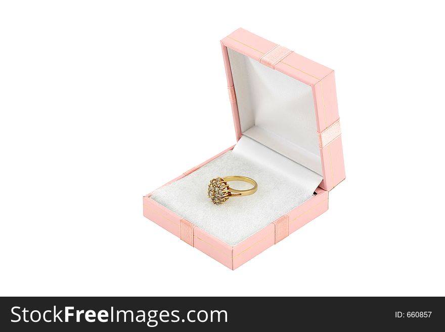 Jewelery gold ring in box.