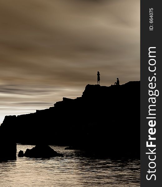 Beach sunset with people silhouettes