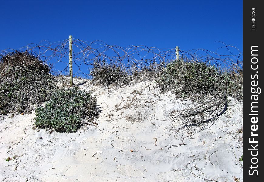 Landscape shot of a coastal dune with barbed-wire fence. Landscape shot of a coastal dune with barbed-wire fence.