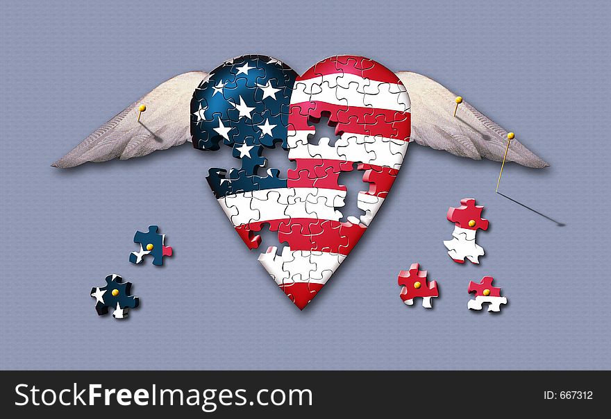 A puzzle piece USA heart is pinned to the surface. A puzzle piece USA heart is pinned to the surface