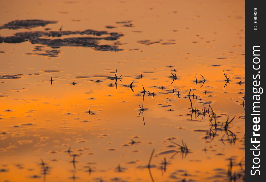 Sunset sky reflecting in a partly frozen lake