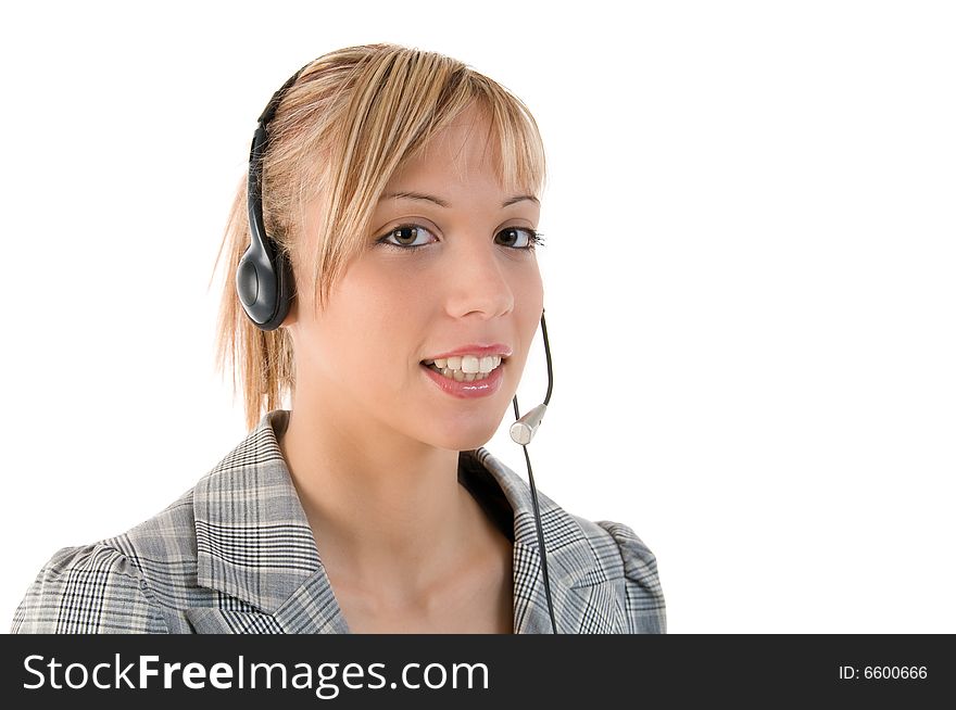 Closeup portrait of a happy pretty executive with headset. Isolated on white background. Closeup portrait of a happy pretty executive with headset. Isolated on white background