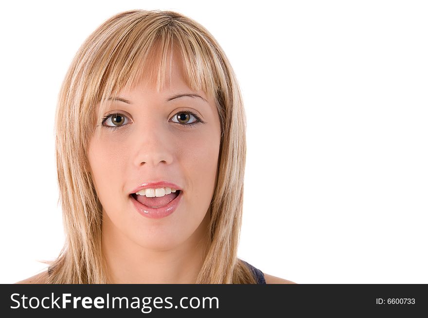 Young woman with surprise expression. Isolated on white background