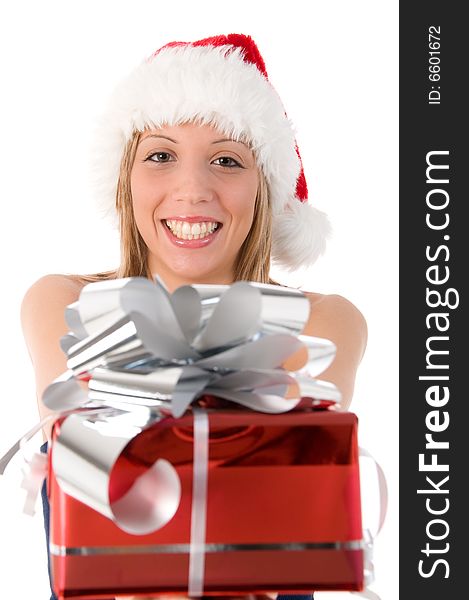 Closeup portrait of a beautiful woman dressed as Santa and holding a gift isolated on white background. Closeup portrait of a beautiful woman dressed as Santa and holding a gift isolated on white background