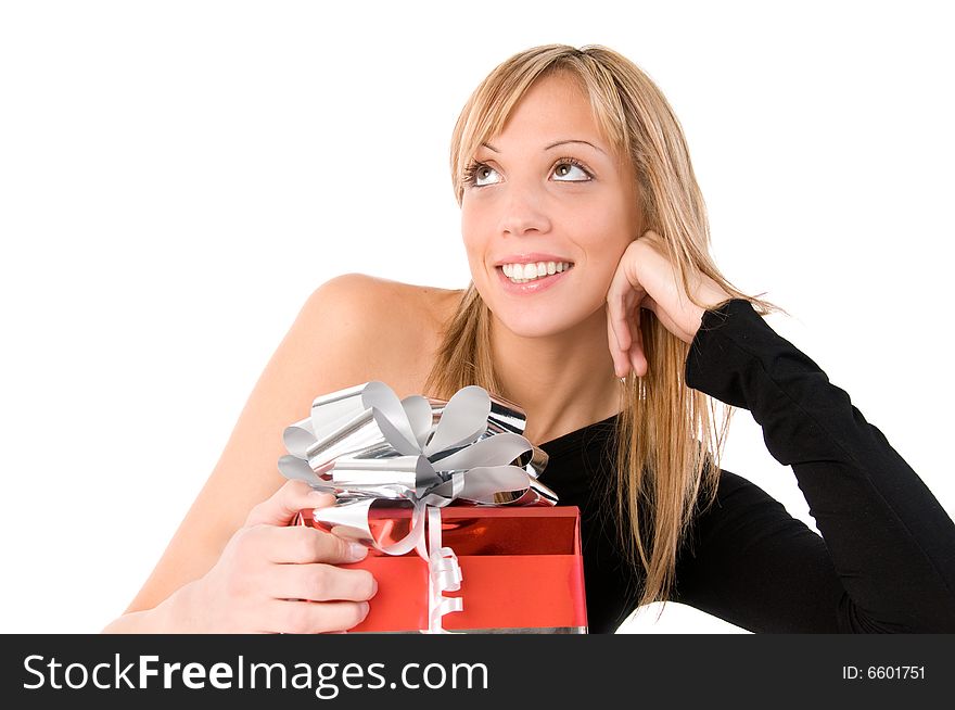 Beautiful smiling girl  looks up thinking about a present. Isolated image on white background. Beautiful smiling girl  looks up thinking about a present. Isolated image on white background