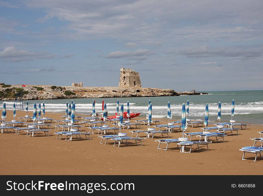 Italian beach with loungers and umbrellas