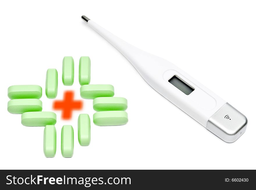 Thermometer and tablet on white background2