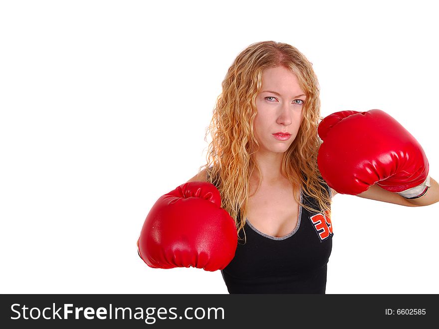 Attractive blonde woman wearing boxing gloves in a fighting pose