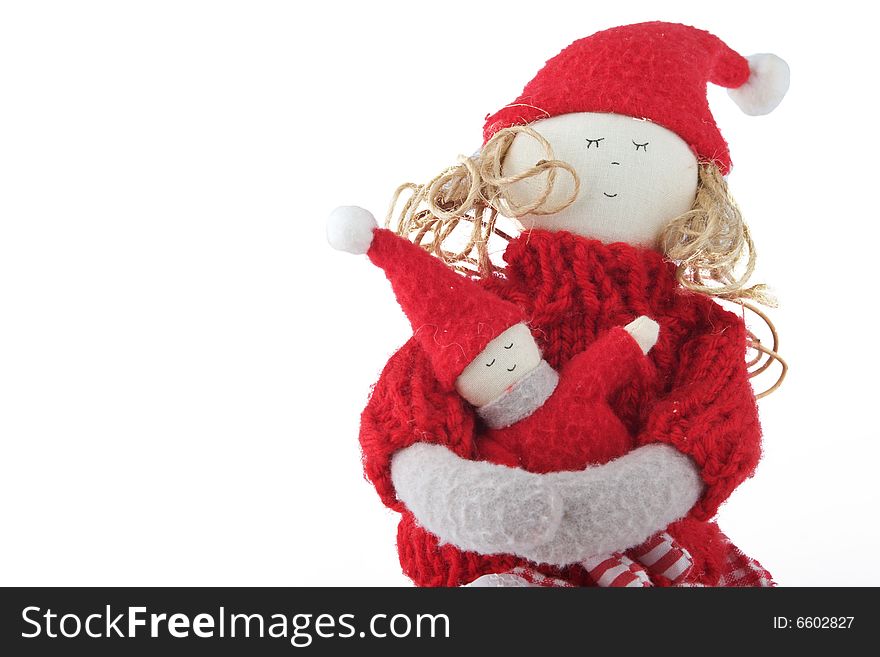 Cuddling christmas hand made doll on white. Cuddling christmas hand made doll on white