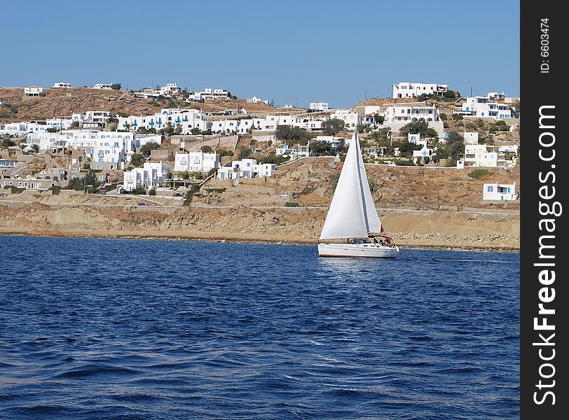 Sailing ship nearby coast of greece island. Sailing ship nearby coast of greece island