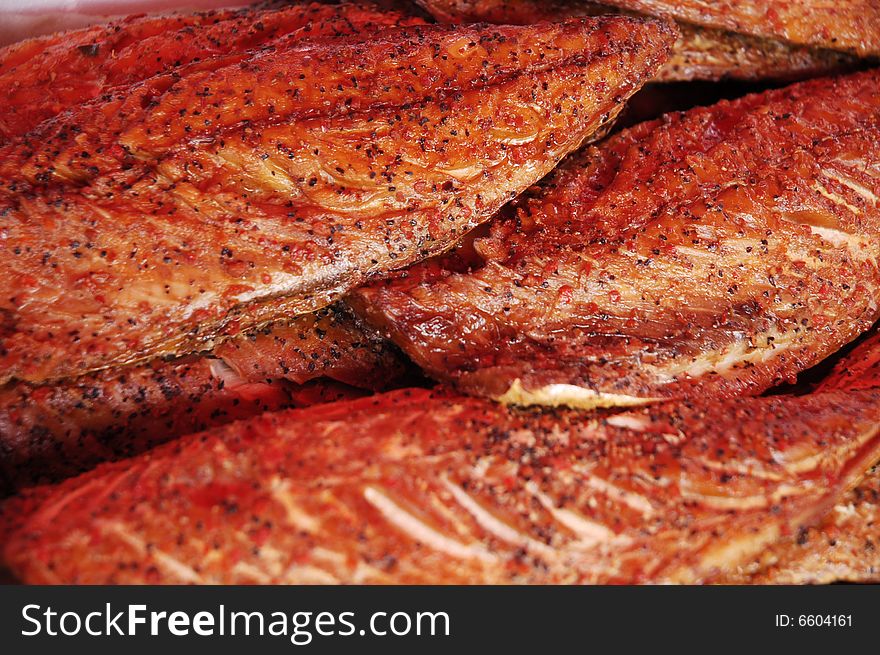 Salmon Steaks in Fish Market, Bergen, Norway. Focused into center and up.Shallow depth of field.